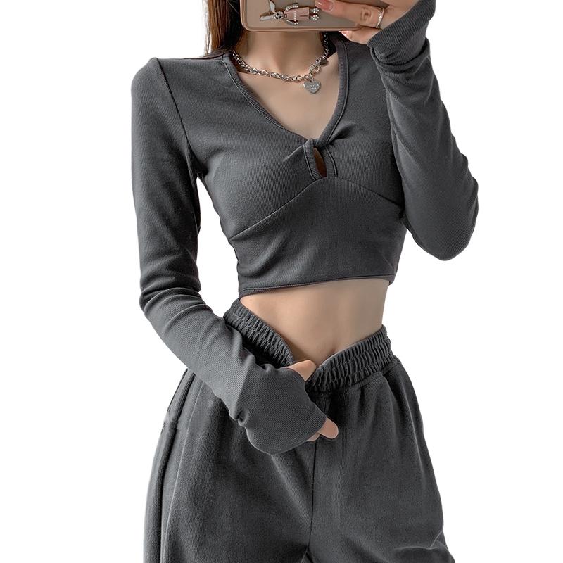 Сексуальная футболка с длинным рукавом, уличная одежда, одежда Y2k, вязаный укороченный топ, корейская мода, весенне-осенняя короткая узкая футболка