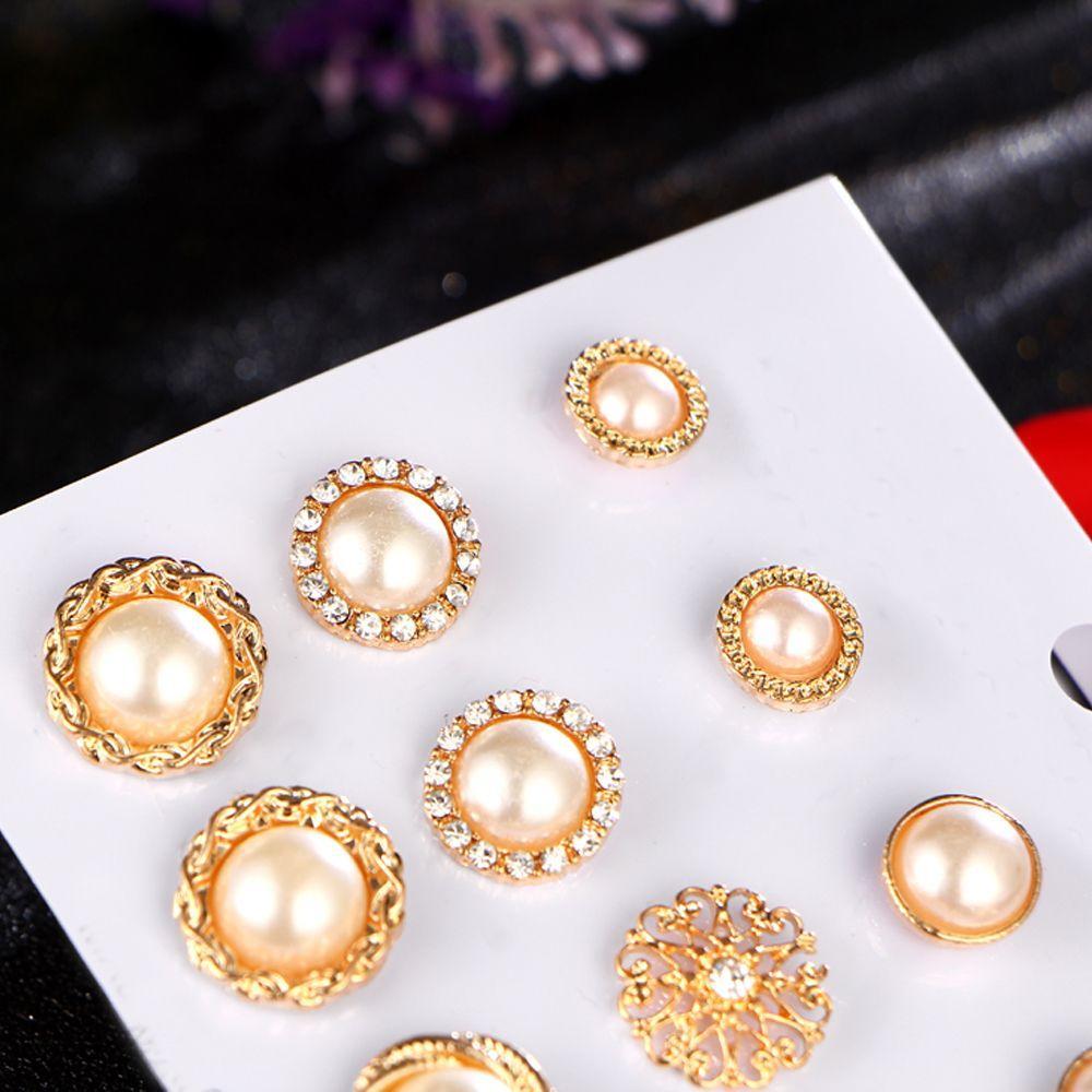 6Pairs/Set Women Round Hoop Jewelry Zircon Pearl Ear Stud Embroidery Rose Drop Dangle Earrings