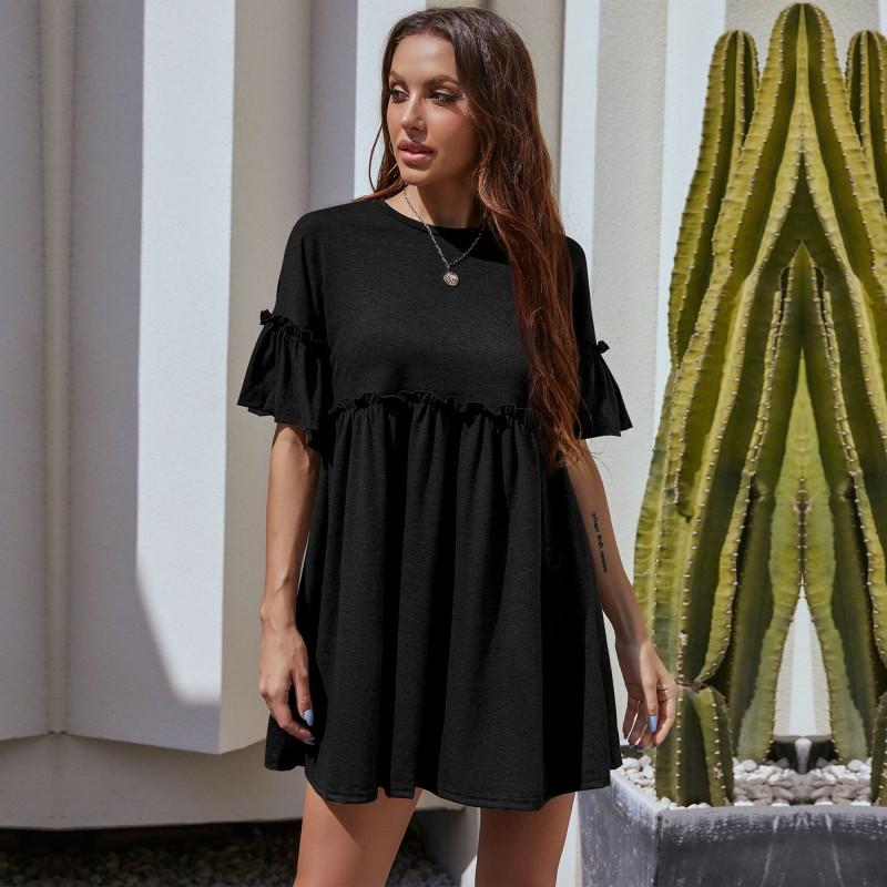 YYFS Женская мода лето весна однотонный принт с коротким рукавом и круглым вырезом свободные повседневные платья