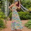 Spring and Summer Women's Halter V-neck Printed Elegant A-swing Dress Long Dress