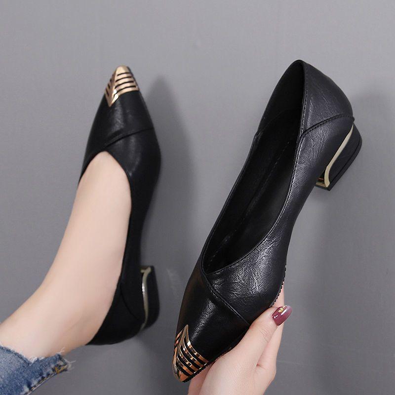 Single Shoe Women's Flat Bottomed Thick Heel Mid Heel Casual Shoes Versatile Work Leather Shoes
