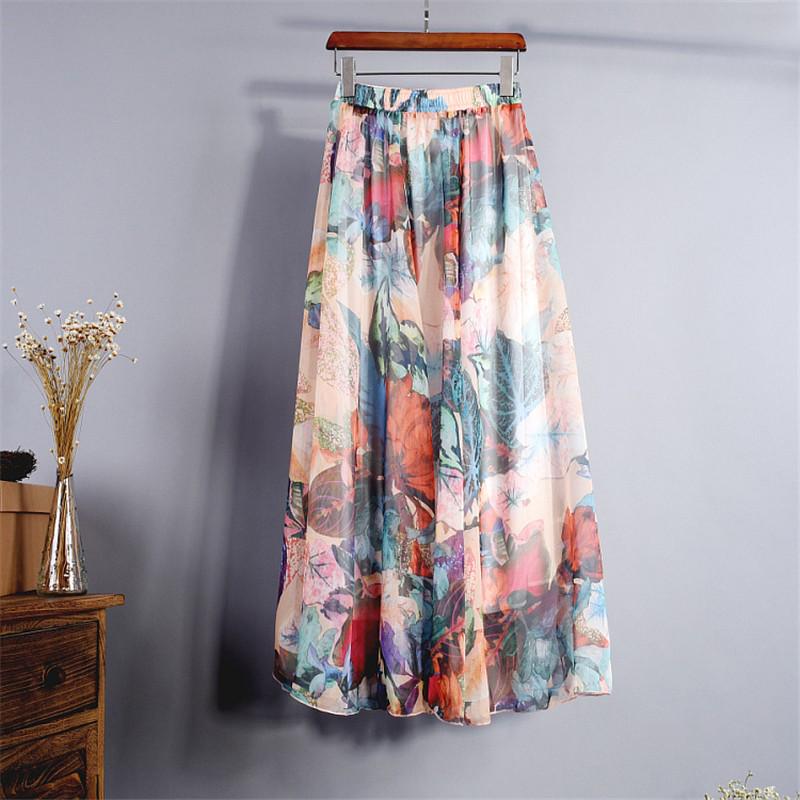 Women Boho Floor-Length Long Beach Party Loose Flare Vintage Bohemia Chiffon Floral Printed Skirts