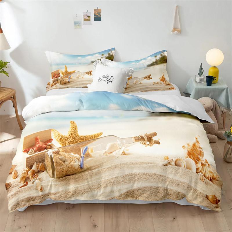 Beach Theme Duvet Cover Set Blue Ocean Bedding Set King Queen For Kids Girls Microfiber Seashell Starfish Print Comforter Cover