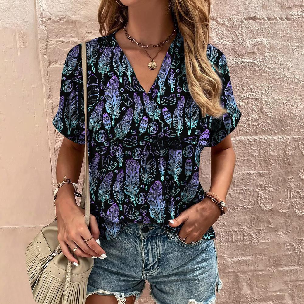 Retro Print Women's T Shirt Classic Floral Tees For Ladies Summer V-Neck Short Sleeve Tops Female Oversized Clothes Daily Blouse