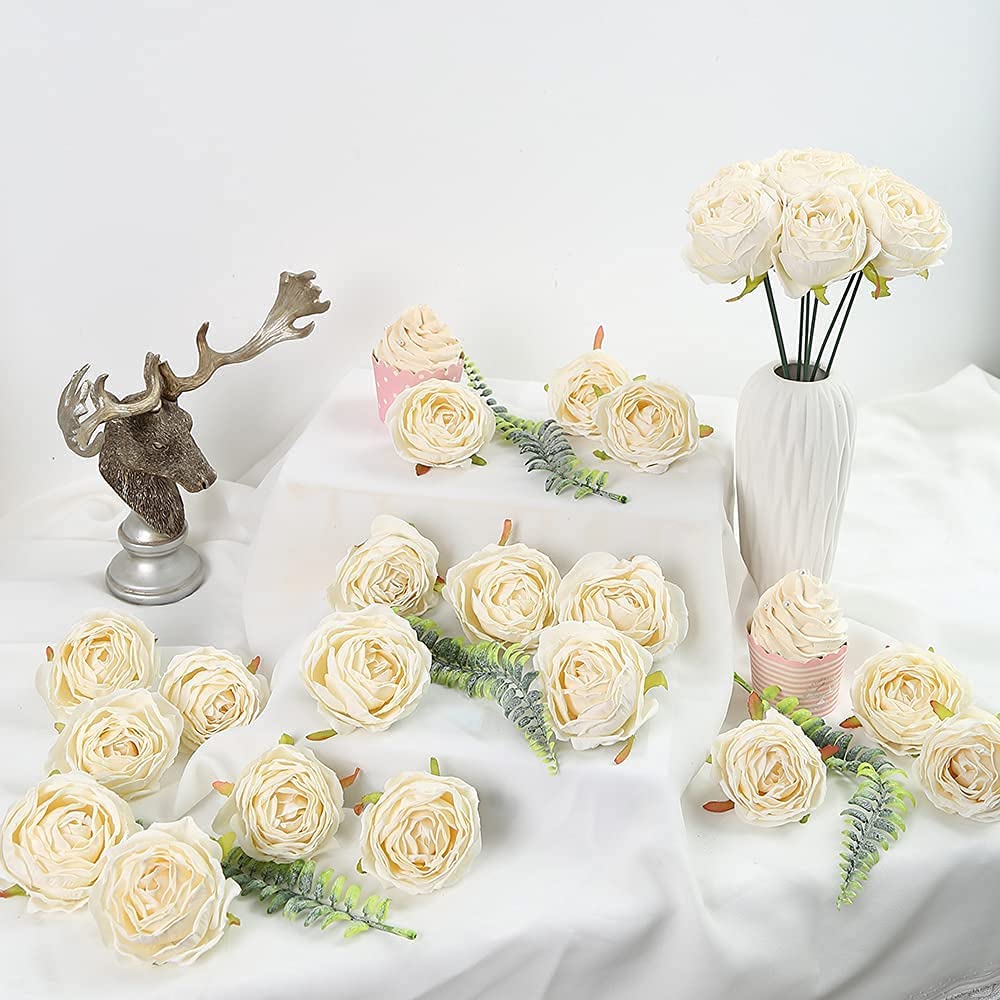 25 Pieces White Rose Artificial Flower Head Vintage Dried Flower Artificial Rose Head Silk Fake Rose for Wedding Centerpiece Decoration