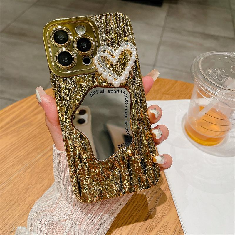 Роскошный чехол для макияжа с зеркальным принтом в виде камня и жемчужным сердечком для iPhone 15 Pro Max 14 13 12 Pro Max 11, универсальный защитный чехол от падения