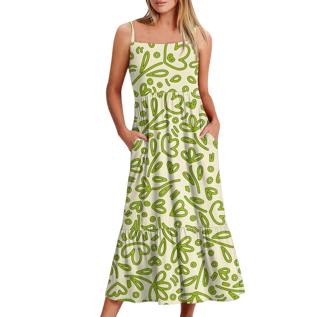 Женское длинное пляжное повседневное элегантное платье макси на тонких бретельках с цветочным принтом, струящееся платье в стиле бохо