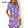 Ladies Spring Summer Dress Rainbow Flowers Print Dress Fashion Elegant Short Sleeve O-Neck Oversized Casual Party Wear Sundress