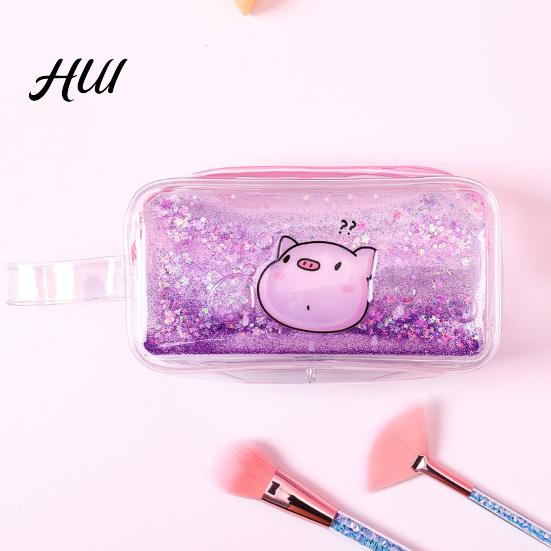 Cute Cartoon Pencil Case Shiny Transparent PVC Makeup Bag Waterproof Travel Cosmetic Wide Edge Storage Pouch Glitter Sequin for Pens Brushes Quicksand