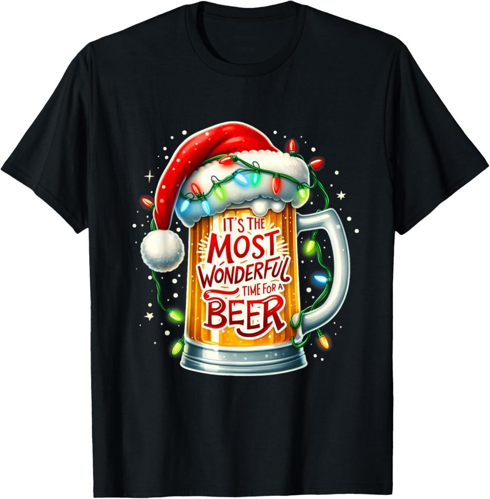 Funny Santa Claus Drinking Beer Wonderful Time Christmas T-Shirt