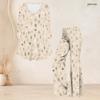 Women Plus Size V Neck Three Quarter Sleeve Brown Beige Printed Flared Top Flared Pants Two Piece Set