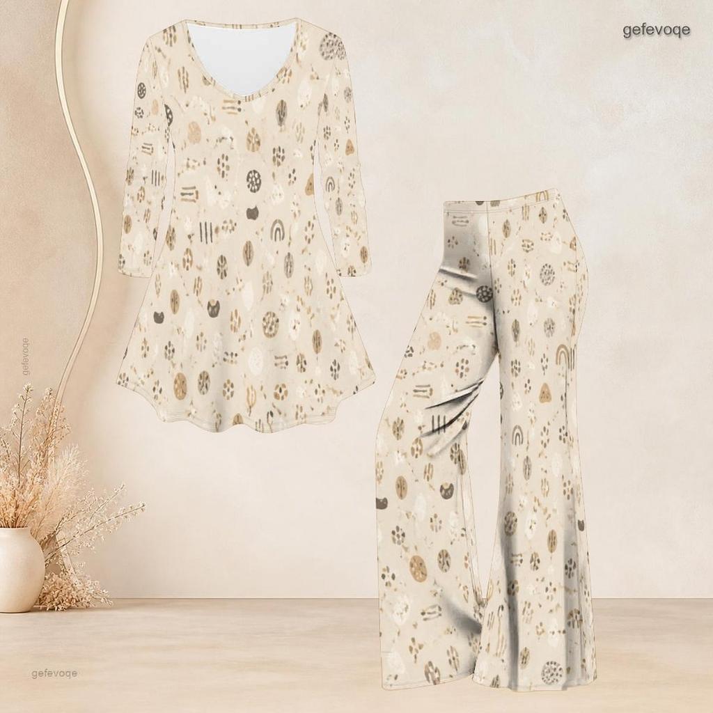 Women Plus Size V Neck Three Quarter Sleeve Brown Beige Printed Flared Top Flared Pants Two Piece Set