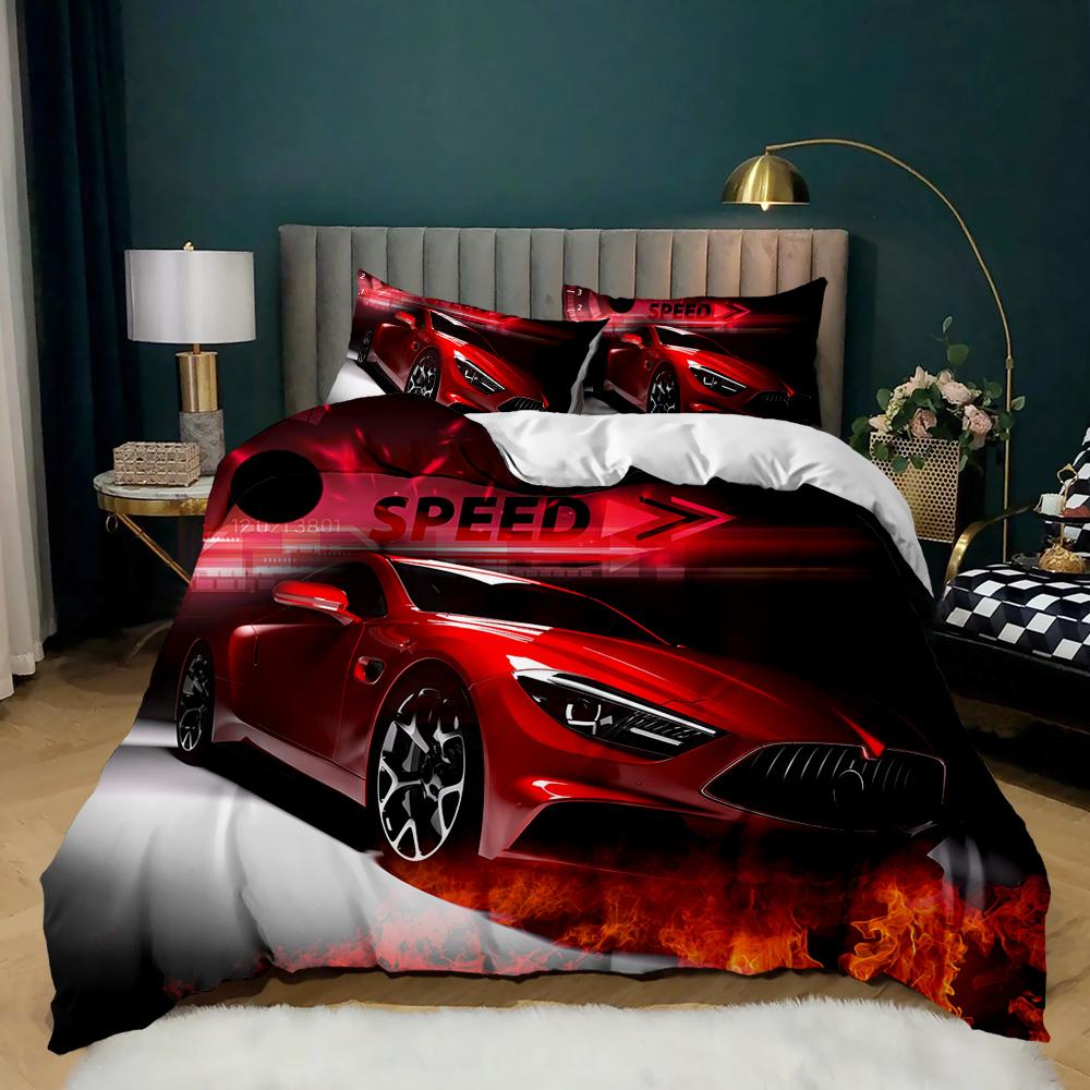 Race Car Bedding Set Twin Size Burning Red Flame Duvet Cover Set 3D Sports Car Duvet Cover 3Pcs Bedclothes King Duvet Cover
