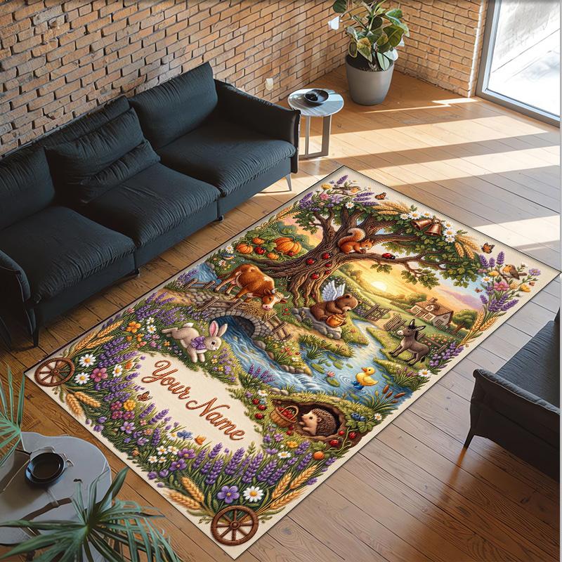 Forest Theme Crystal Velvet Floor Rug Personalized Custom Name Text Warm Carpet Home Decoration