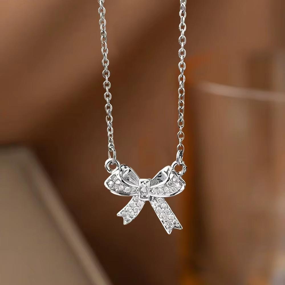 FTCY Exquisite Copper Inlaid Zirconia Bow Pendant Necklace For Women Fashion Simple Stainless Steel Clavicle Chain Jewelry Gift