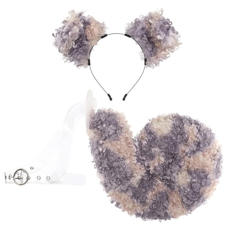 Halloween Curly Dog Costume Set Plush Faux Fur Ears Tail Headband Cosplay Party Props Adults Kids