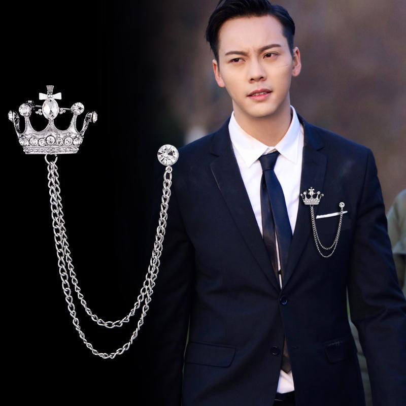 JY Fashion Brooch Vintage Crystal Crown Chain Pin for Men Jewelry Suits Accessories Lapel Badge Brooch