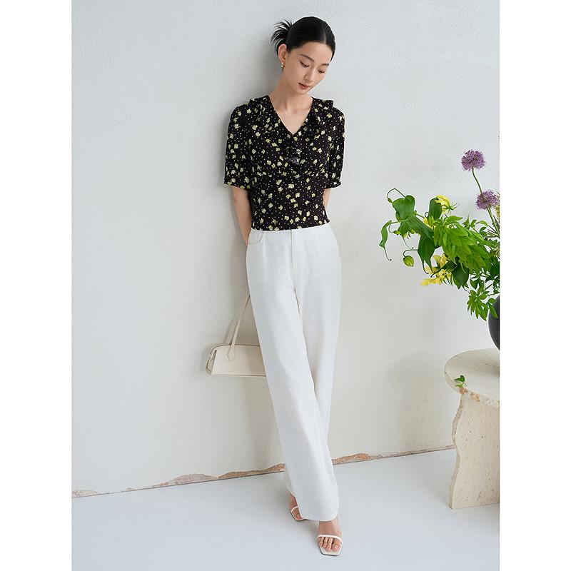 JUZUI elegant temperament lotus leaf V-neck printed top women's summer new item