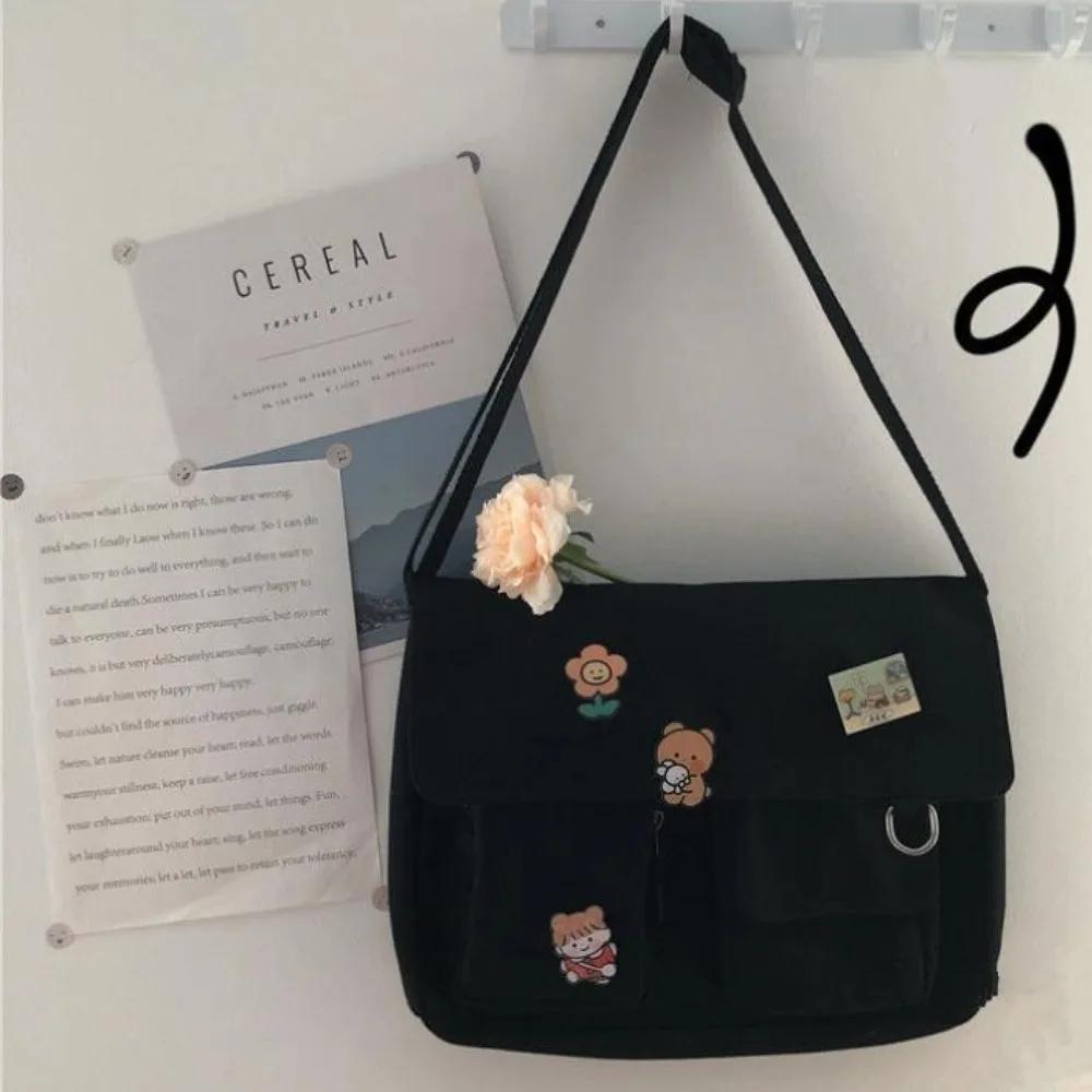 Japanese Harajuku Style Canvas Messenger Bag - Retro Cute Shoulder Bag for Women Girls, Lightweight School College Bag with Multiple Pockets