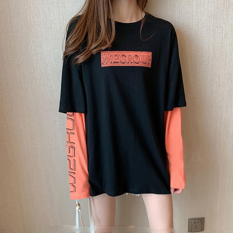 Топ, женская весенне-осенняя футболка средней длины с длинными рукавами, женская новая студенческая свободная осенняя куртка для отпуска из двух предметов