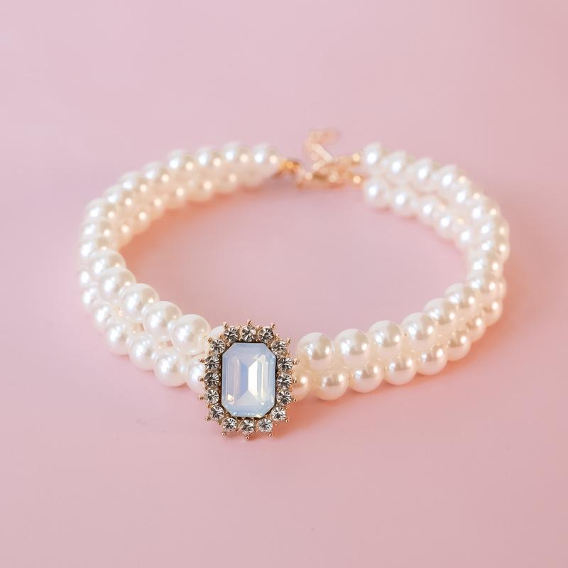 Pet Collar Cat Dog Pearl Necklace Double Stacked Premium Protein Gem Set with Rhinestones