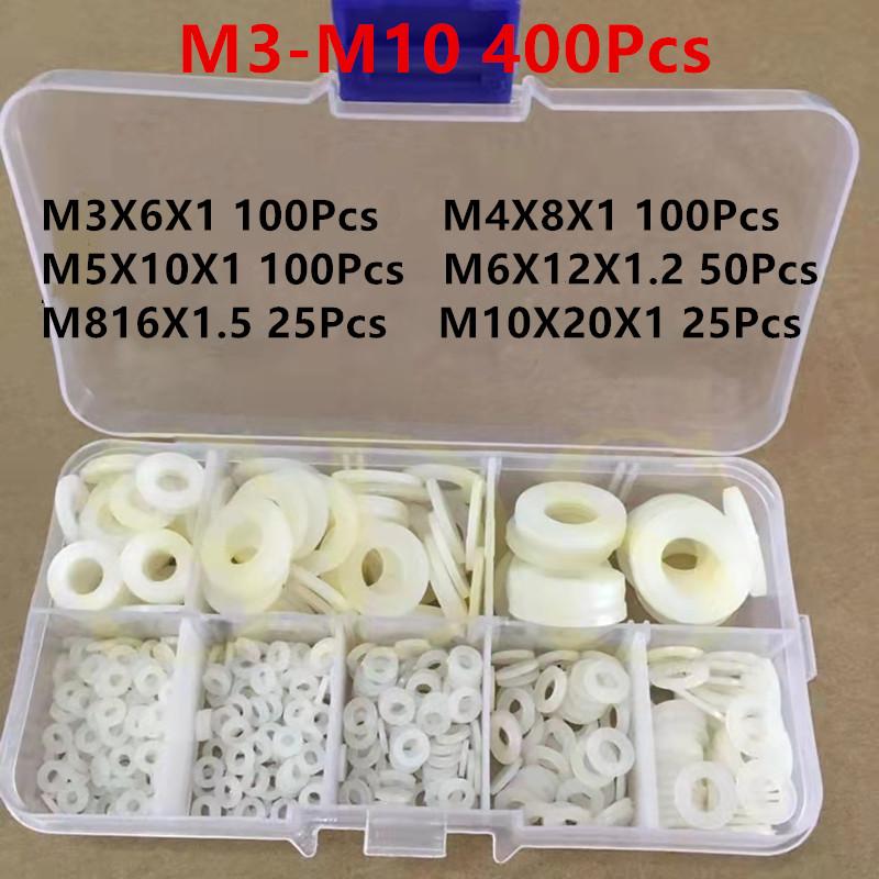220/400Pcs M3 M4 M5 M6 M8 M10 M12 Plastic Nylon Flat Washer Plane Spacer Insulaton Gaskte Washer Nylon Gasket Ring Kit