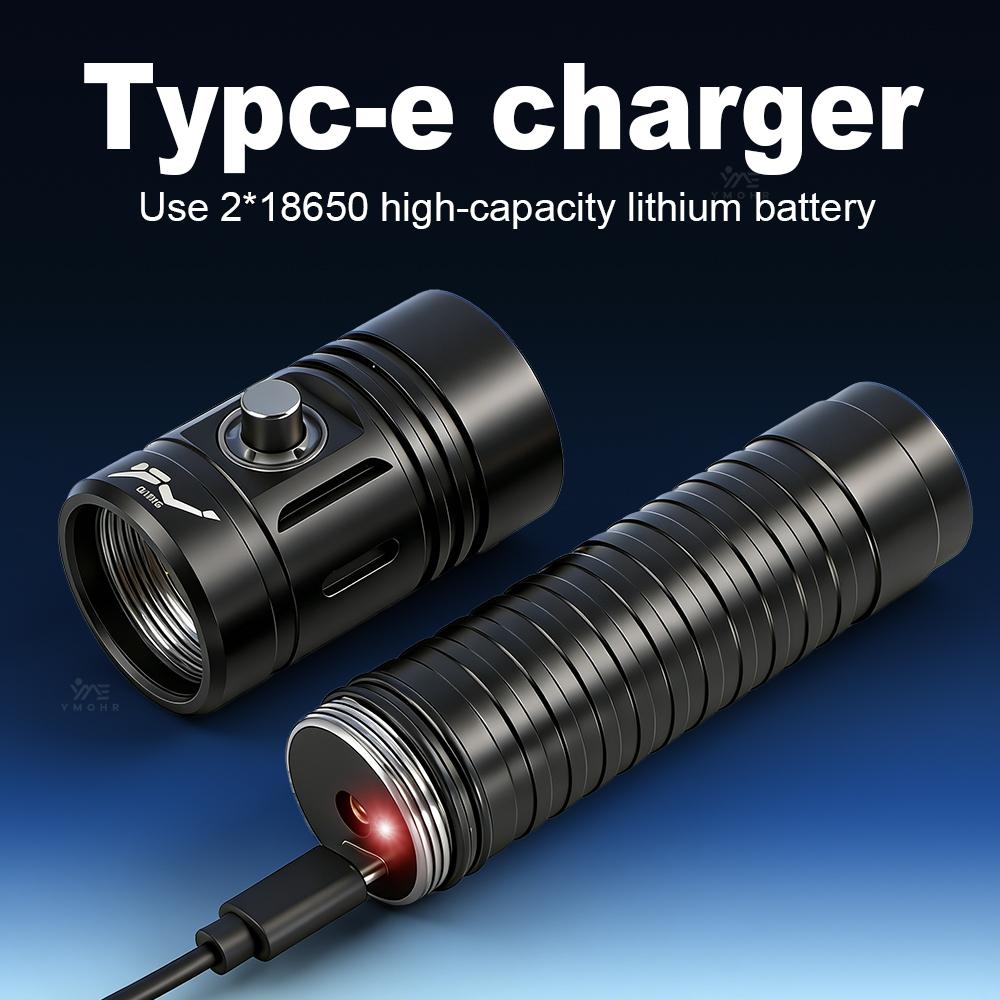 50M Профессиональный фонарь для дайвинга IPX8 Водонепроницаемый USB C Перезаряжаемый светодиодный фонарик 18650 Ремешок на запястье Подводный фонарь для аквалангистов