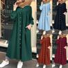 Women Retro Long Sleeve Button Dress Solid Color Shirt Maxi Dresses