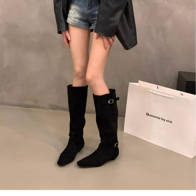 Coarse Heel Suede Brown Skinny Boots Women's Boots New Autumn and Winter Square Head Pile Boots Knight Boots