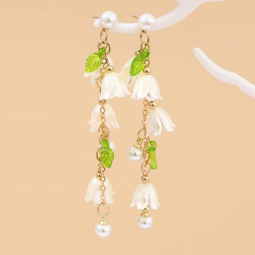 Lily of The Valley Drop Earrings with Pearl Fringe Romantic Floral Party Jewelry for Women Elegant Long Dangle Earrings