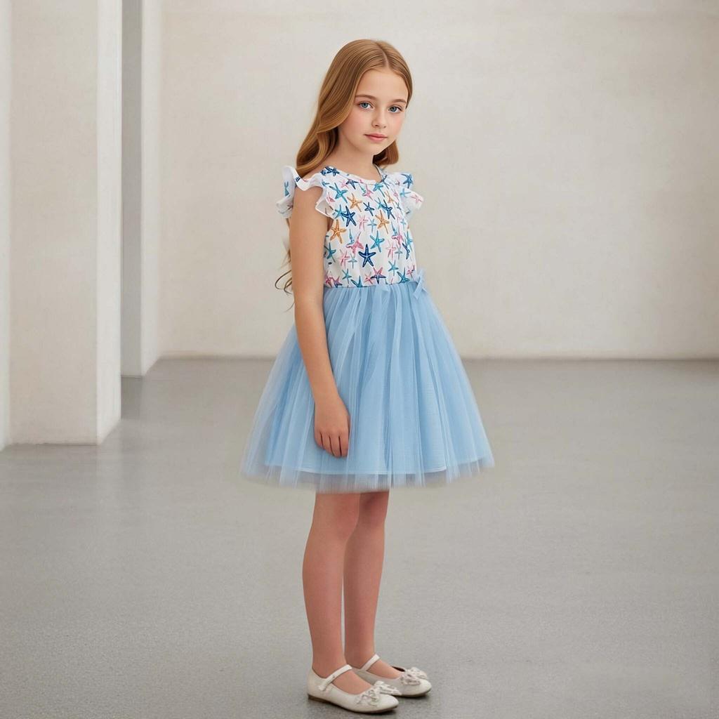 Cute Bow Print Ruffle Tulle Tutu Princess Dress for Girls 3-8 Years Sweet Style Summer Casual Party Wear Children Dress