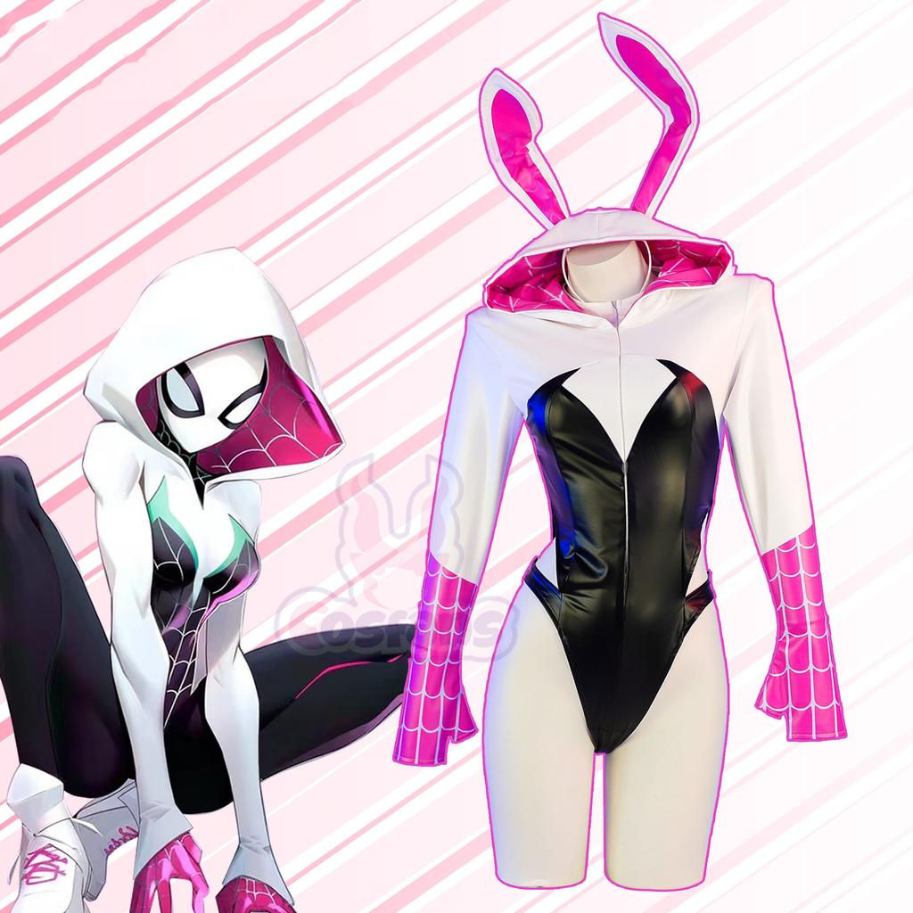 Anime Spider Gwen Women Bunny Hooded Jumpsuit Movie Comic Role Play Long Sleeve Leather Bodysuit Cosplay Costume