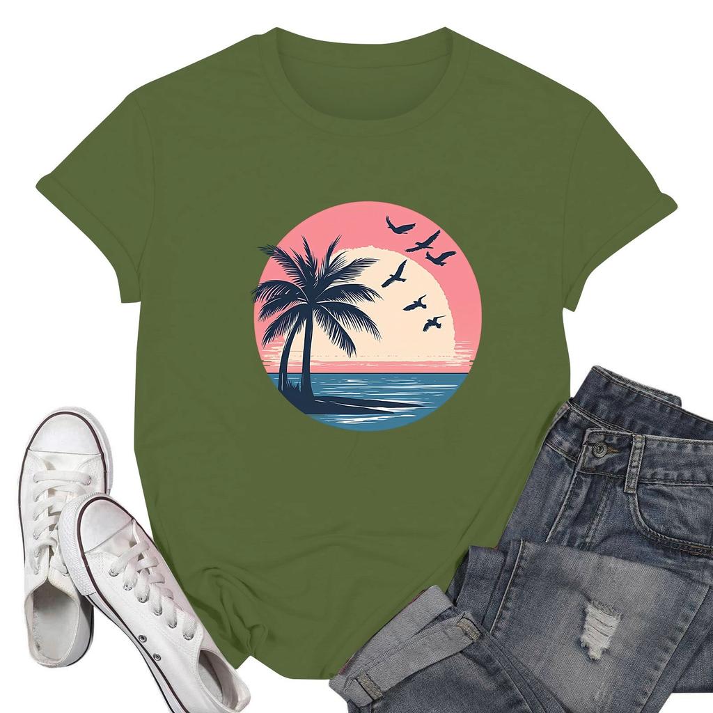 Women's Fashion Casual Printed Short Sleeve Round Neck Pullover Tops