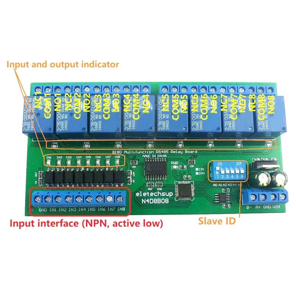 DC 12V/24V RS485 Modbus Relay Module 8 Inputs 8 Outputs Isolated Board DIN35 C45 Rail Box UART Modbus RTU Control Switch Module