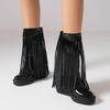 2024 Модные сапоги Новые осенне-зимние женские сапоги с круглым носком, черные, на платформе, с очень высоким каблуком, с бахромой и плюшевой танкеткой