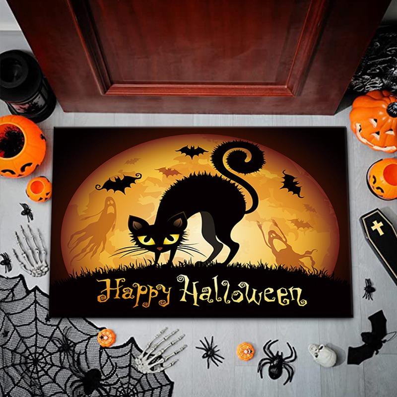 Halloween Themed Door Mat With Spooky Patterns Like Ghosts Bats Black Cats Pumpkins Non Slip Durable Entrance Rug Indoor