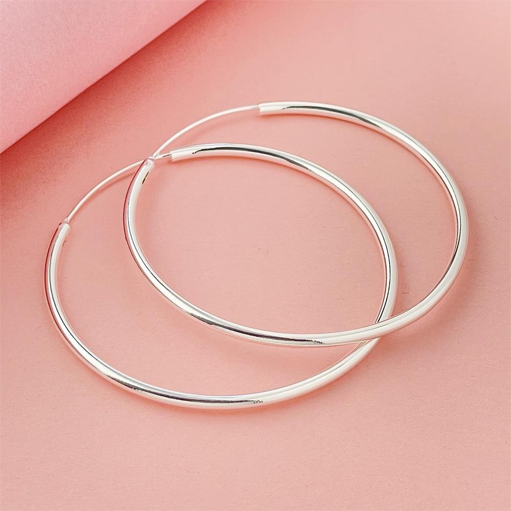 925 Sterling Silver Fashion Minimalist 5CM Simple Gloss Plain Ring Big Earrings Birthday Party Anniversary Gift