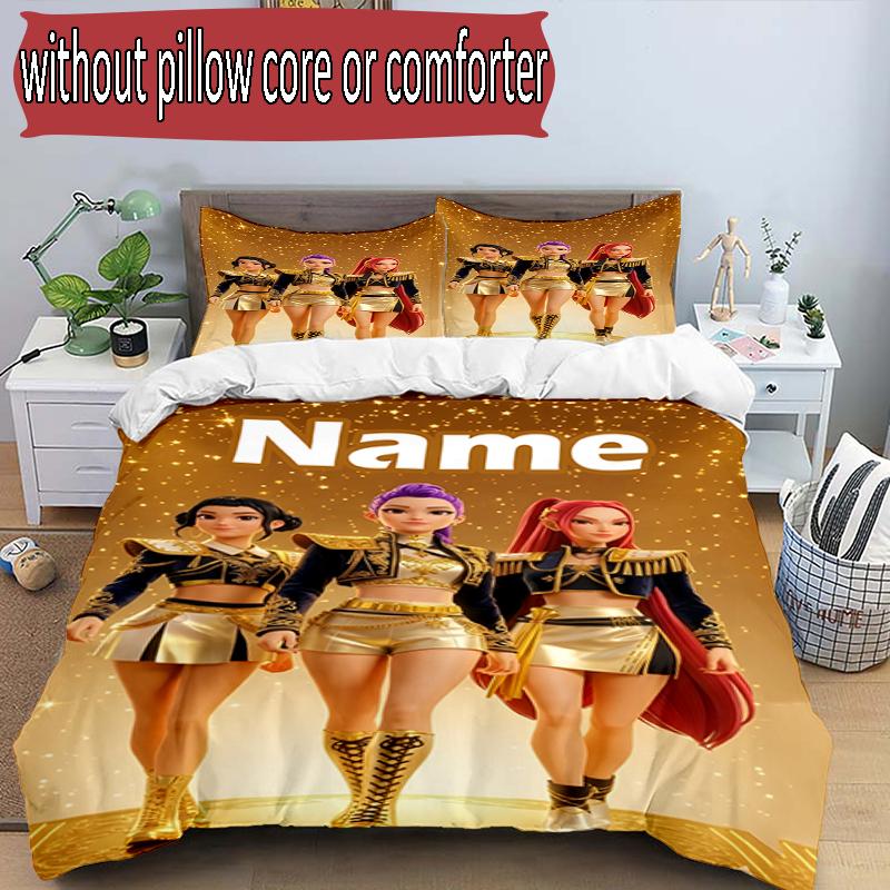 3pcs Duvet Cover Set (1*Duvet Cover + 2*Pillowcase, Without Core), Custom Name KPop Demon Hunters Pattern Bedding Set, Home Bedroom Decor Gift