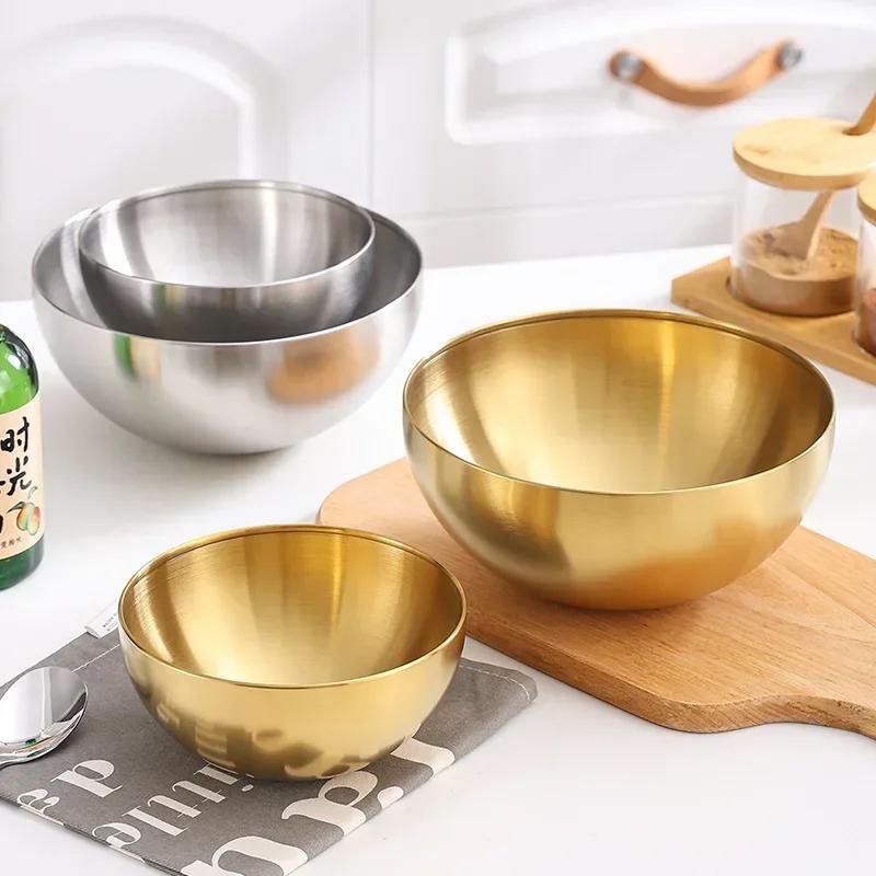 15-25cm Korean 304 Stainless Steel Salad Bowl Ice Cream Soup Noodle Round Golden Silver Bowl Kitchen Tableware Food Container