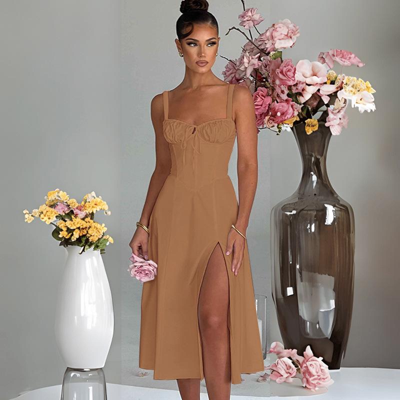 Women Backless Design Spaghetti Sense Strap Solid Color Kneelength Dress Vneck High Waist