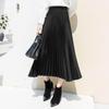 Women Vintage Midi Skirt Wide Elastic Waistband High Waist Pleated A-Line Skirt Solid Color Smooth Satin Long Skirt