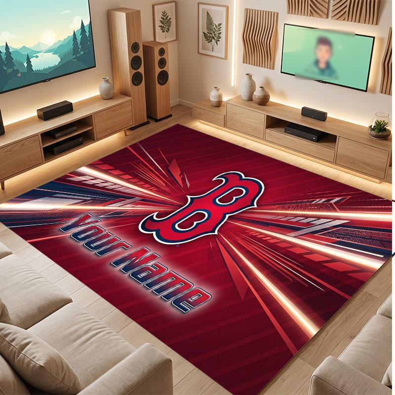 Boston Red Sox Personalized Crystal Velvet Carpet, Customized Name Text Soft Anti‑Slip Rug for Living Room Bedroom
