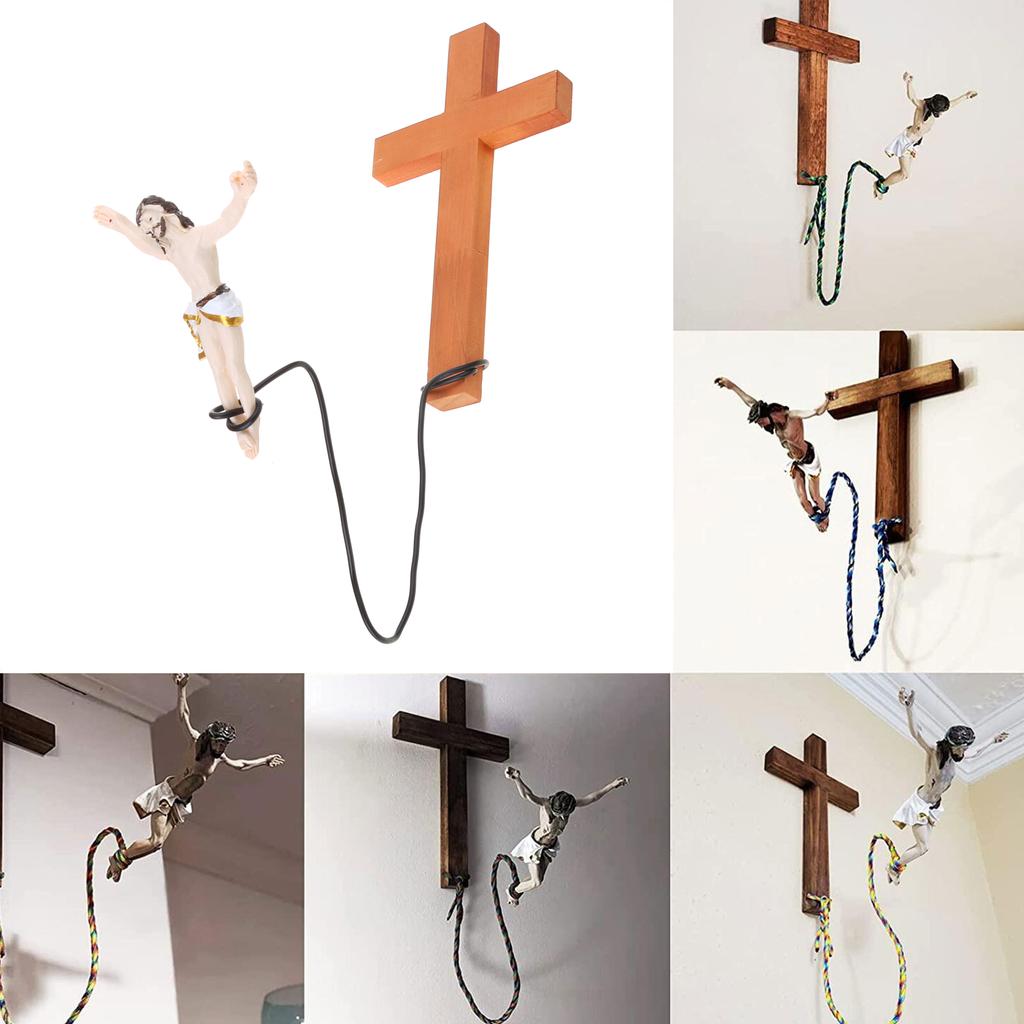 Innovative Cross Decor Bungee Jumping Jesus Christ Figure Wood Cross Religious Art Pieces Resin Crafts Ffor Home Decor