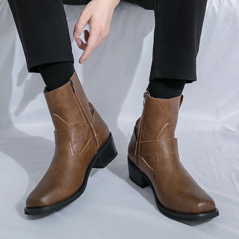 Модные ботинки с квадратным носком мужские из ПУ однотонные на низком каблуке удобные нескользящие классические деловые повседневные мужские короткие ботинки