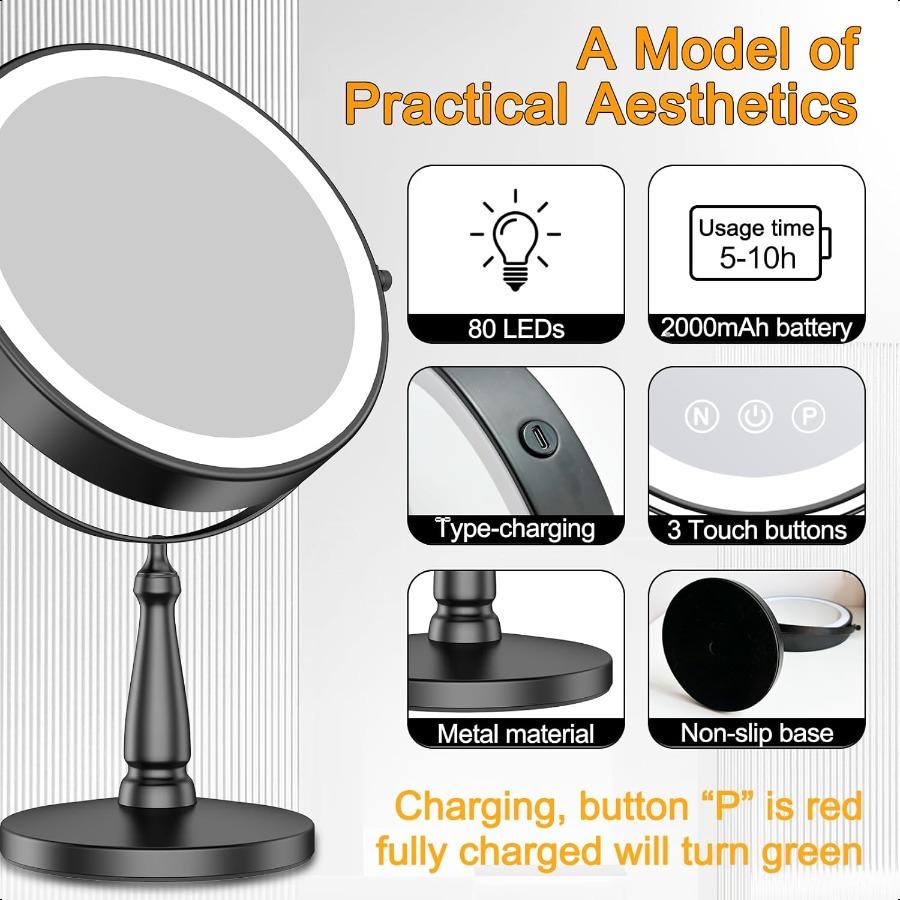Зеркало для макияжа с подсветкой 20-кратное увеличительное зеркало с подсветкой и 3 цветами 9 Зеркало для макияжа с подсветкой и регулируемой яркостью 2-стороннее