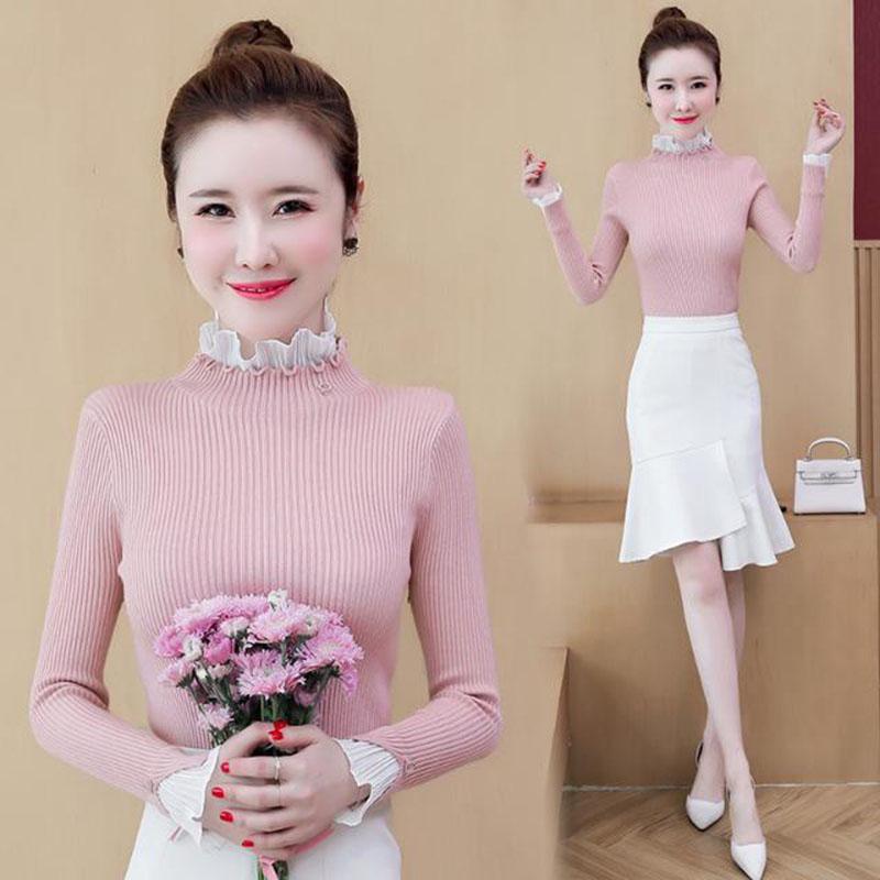 Водолазка с оборками, нижний свитер, женский весенне-осенний утягивающий пуловер из двух частей, свитер с кружевными оборками, вязаный свитер, топ