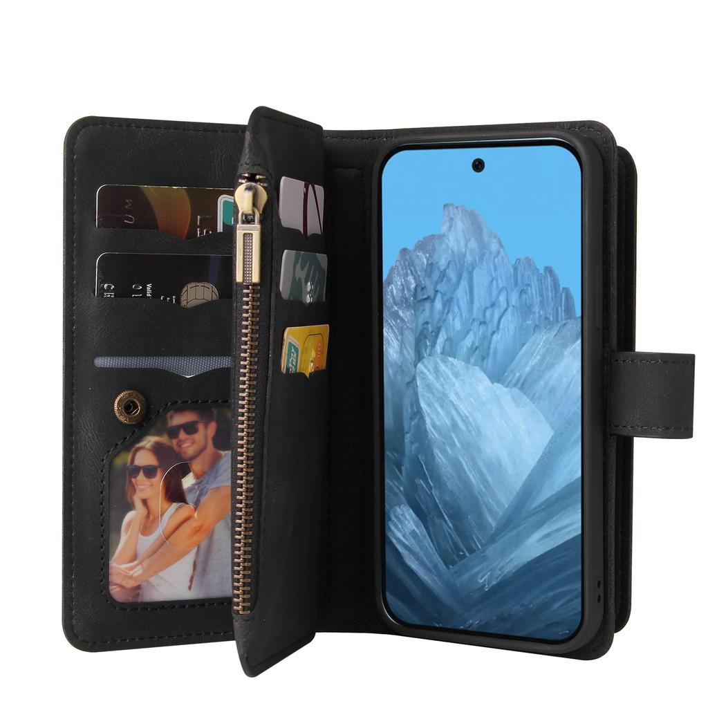 For Google Pixel 10 Pro/Google Pixel 9/Google Pixel 9 Pro/Google Pixel 10 Zipper Wallet Case with 15 Card Slots and Strap Leather Phone Cover