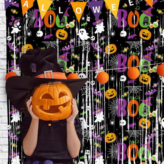 Halloween Backdrop Curtain Foil Fringe for Halloween, Orange Purple Black Background Shiny Tinsel Photo Booth Props, Pumpkin Ghost Bat Party