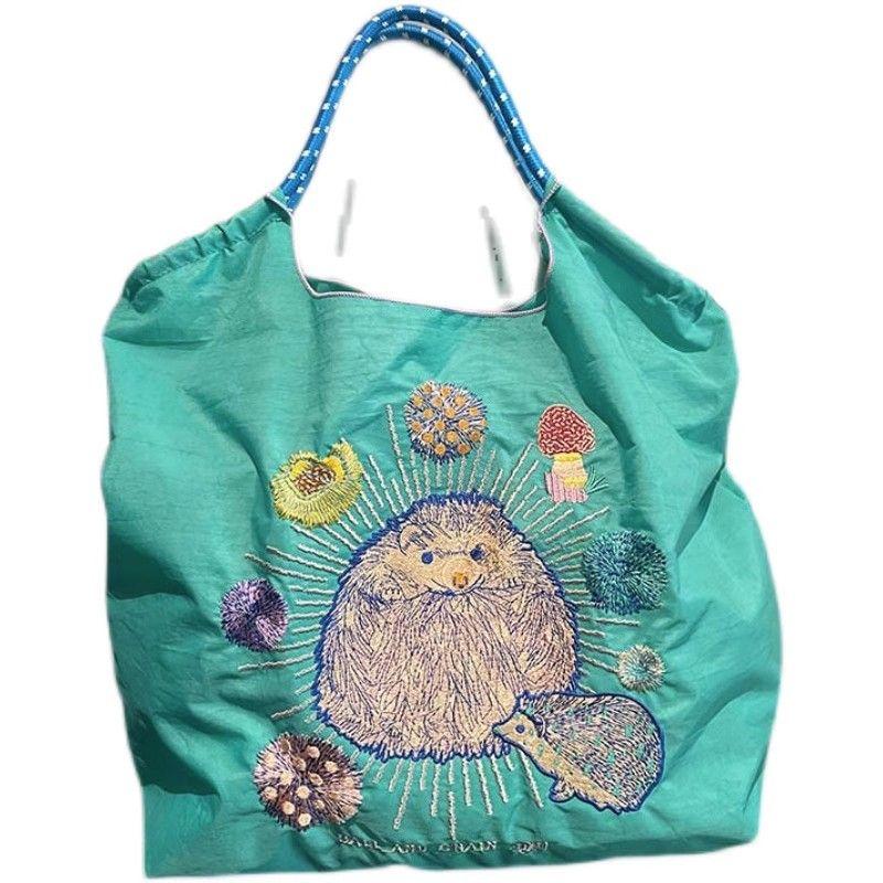 Универсальная вышитая сумка-шоппер с ежиком - Большая вместимость, ручная/на плечо/кроссбоди, водонепроницаемая сумка-тоут