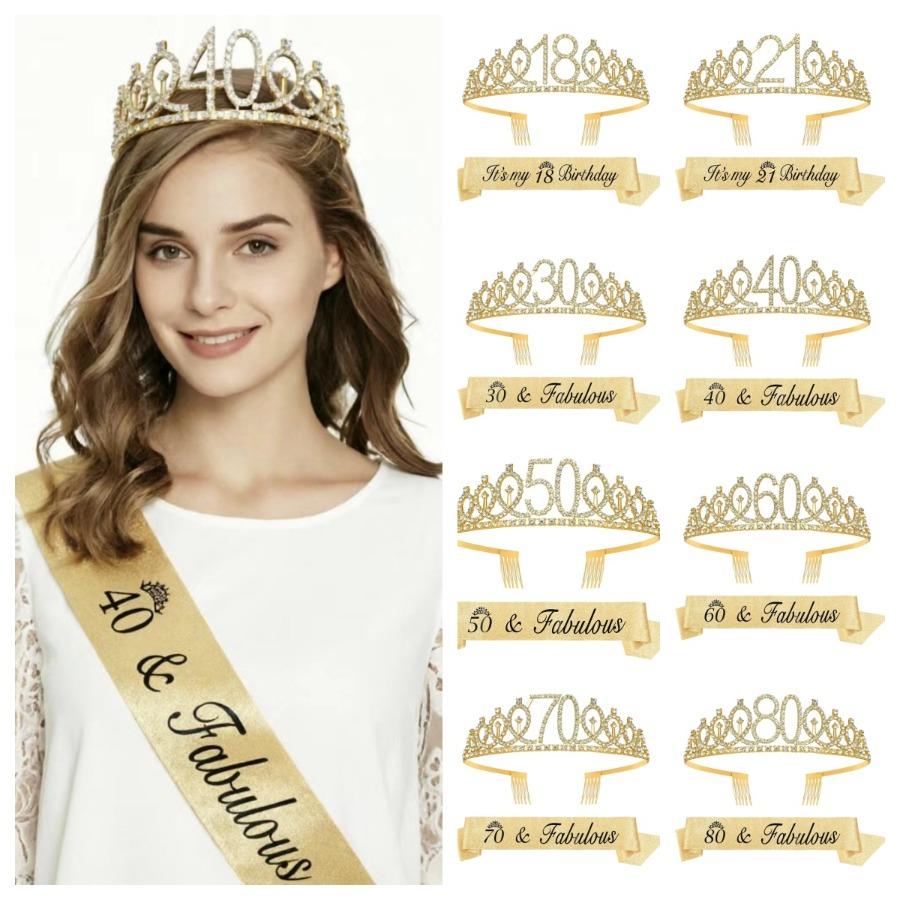 2pc/set Birthday Tiara Crown Sash Women Girls 18th 21Th 30Th 40Th 50Th 60Th 70Th 80Th Birthday Party Decoration Favor Gifts 5